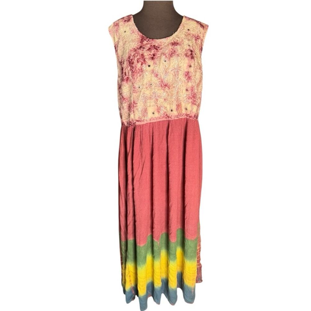 Vtg 90s Boho Tie Dyed Embroidered Hippie Festival Maxi Dress Womens Size 3X